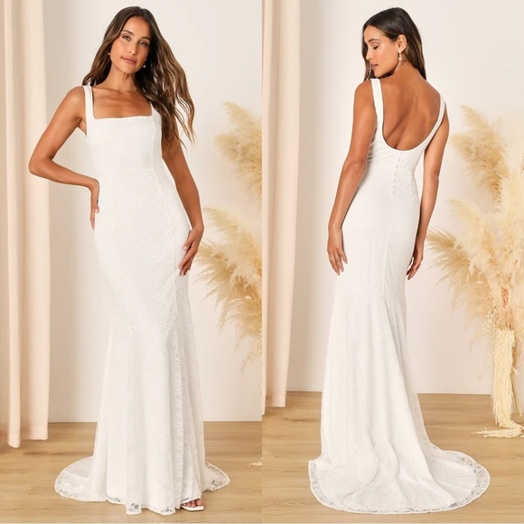Size L Lulus Eternal Happiness White Lace Square Neck Mermaid Maxi Dress - Picture 1 of 10